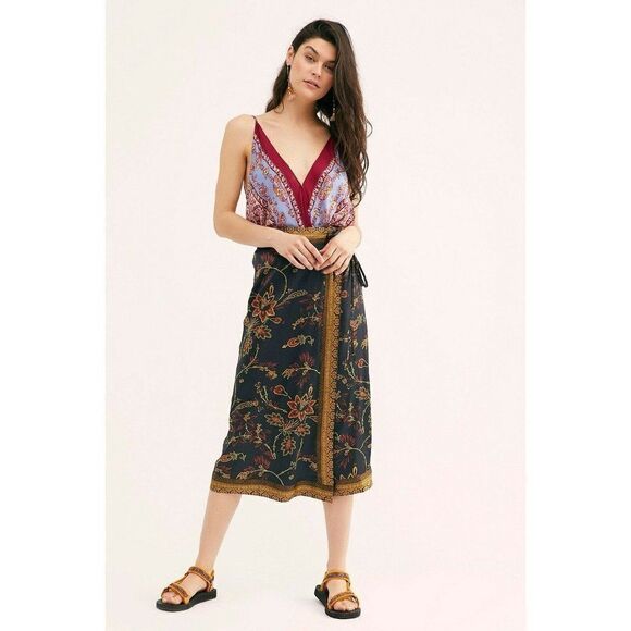 NEW $128 FREE PEOPLE YASMIN BORDER PRINT WRAP MIDI SKIRT IN BLACK - Picture 2 of 5